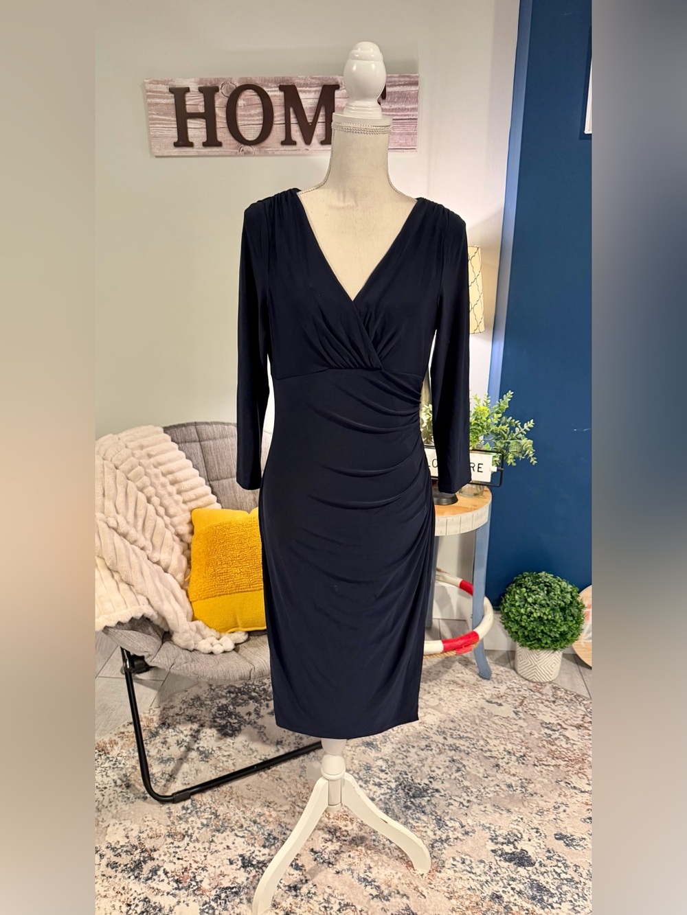 Lauren Ralph Lauren Navy Ruched Sheath Dress 8